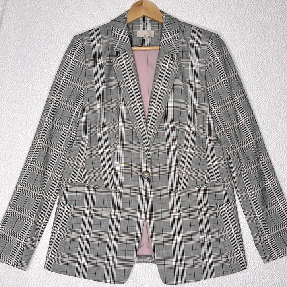 LOFT Gray Plaid Single-Button Blazer - Picture 2 of 7